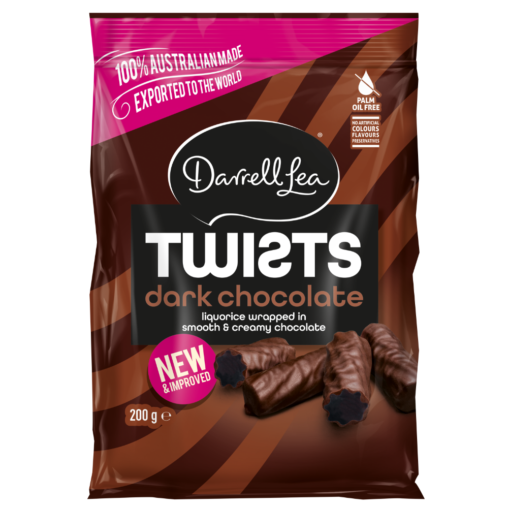 Dark Chocolate Coated Licorice 200g Twists Front