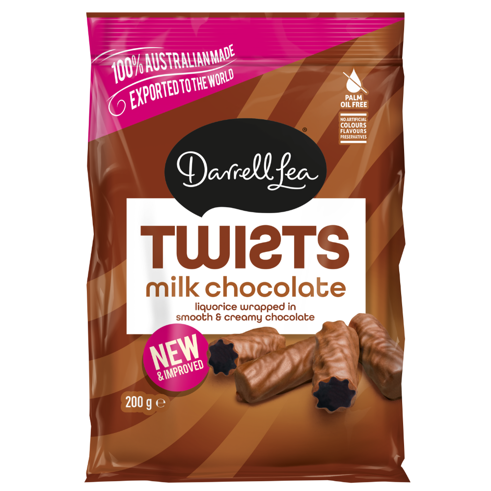 Milk Chocolate Coated Licorice 200g Twists Front